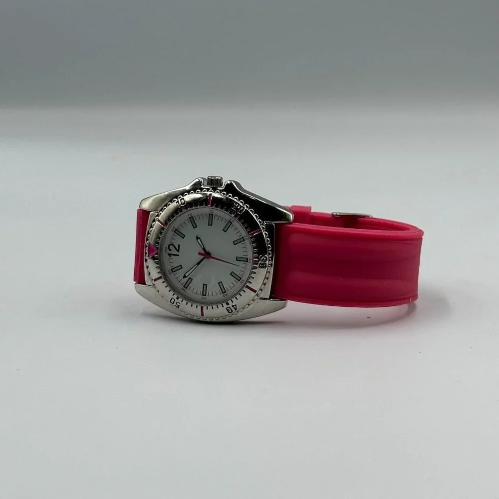 3/$30 Pink Watch Women Silicone Band Silver Tone Case White Dial Sporty